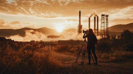 Naklejka premium Photographer Capturing the Alluring Industrial Landscape at Sunset