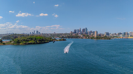 Aerial View of Sydney Harbour Balmain Darling harbour Sydney CBD cockle Bay Wharf North Sydney harbour bridge Lavender Bay Milsons Point Manly on a warm summer day blue skies 