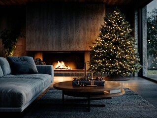 Fototapeta premium Cozy Christmas scene with a glowing tree and fireplace.