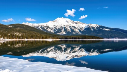 Naklejka premium Snow-capped mountain reflected in a calm lake, winter scenery.