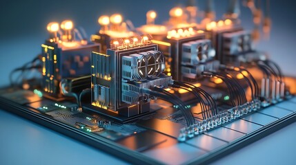 Futuristic server cluster with glowing components and intricate wiring on a circuit board.