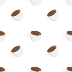 Seamless pattern of white coffee cups filled with brown liquid, angled variously, on black background.
