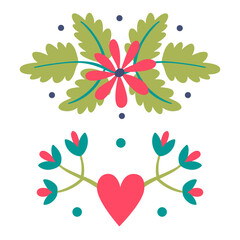 Set of reflections of flowers, twigs, leaves, pink purple color, bouquet, border flat illustration in folk art.