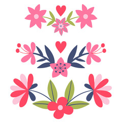 Set of reflections of flowers, twigs, leaves, pink purple color, bouquet, border flat illustration in folk art.