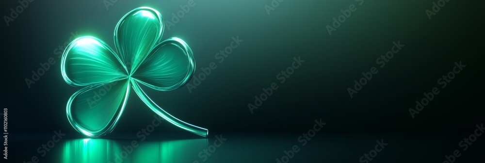 Poster a glowing green clover icon rendered in 3d with metallic highlights, floating in a dark gradient bac