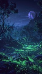 A Nighttime Forest with a Glowing Moon and Bio-luminescent Plants