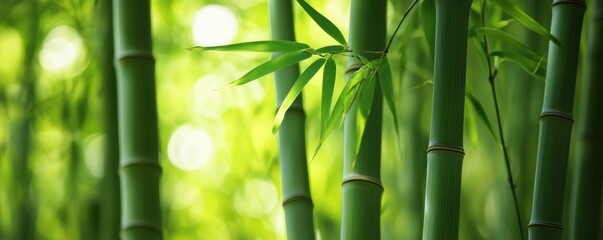 Close-up of green bamboo stems with fresh leaves and soft sunlight bokeh in the background.
