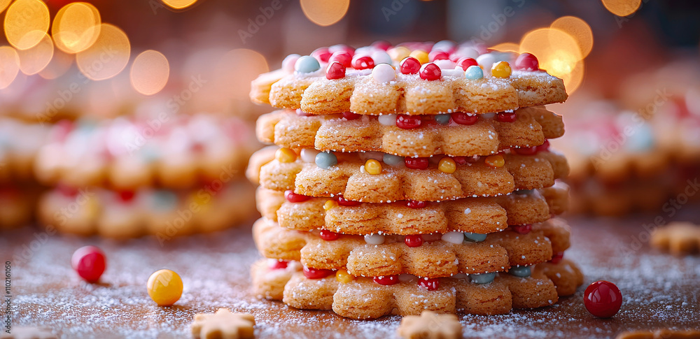 Poster a stack of cookies with colorful sprinkles on top. the cookies are piled on top of each other, creat