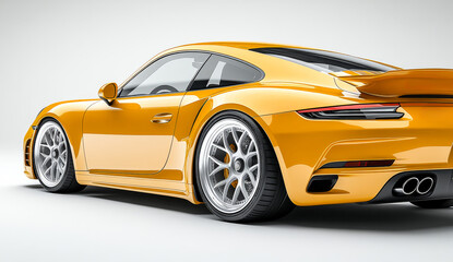 Fototapeta premium A yellow sports car with a shiny, chrome finish. The car is parked on a white background