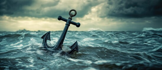 Anchored in faith. An anchor holding firm amidst turbulent waves, under dark storm clouds. A symbol of unwavering faith in the face of life's storms.