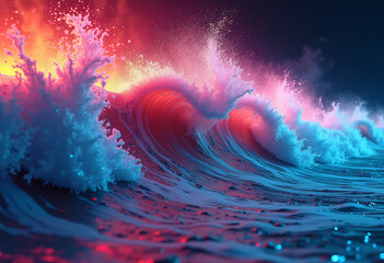 Vibrant ocean waves illuminated with surreal pink and blue neon light at sunset.