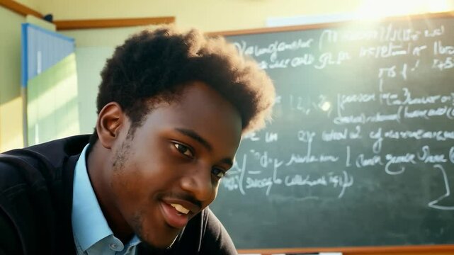 Close-up of student in classroom with blackboard in background. Education and academic learning concept