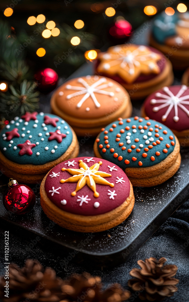 Poster a plate of colorful cookies with stars and snowflakes on them. the cookies are arranged in a row on 