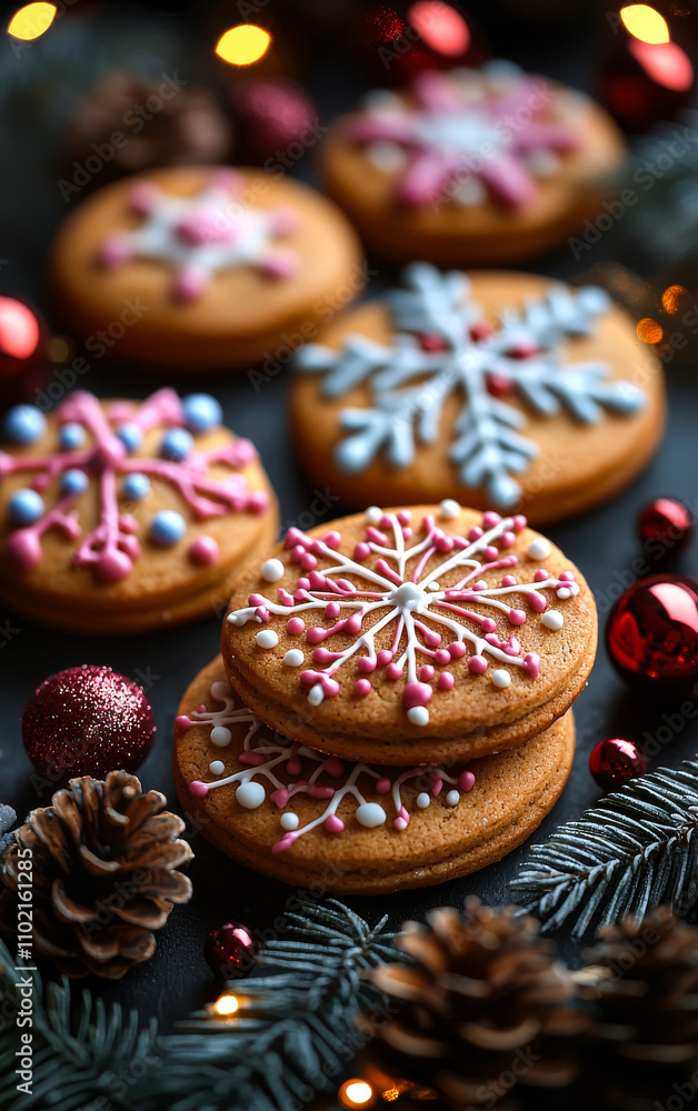 Poster A close up of a plate of cookies with snowflake designs on them. The cookies are stacked on top of each other and are surrounded by pine cones and red ornaments. The image conveys a festive