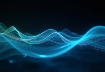 Abstract digital art depicting flowing  luminous teal waves on a dark background.