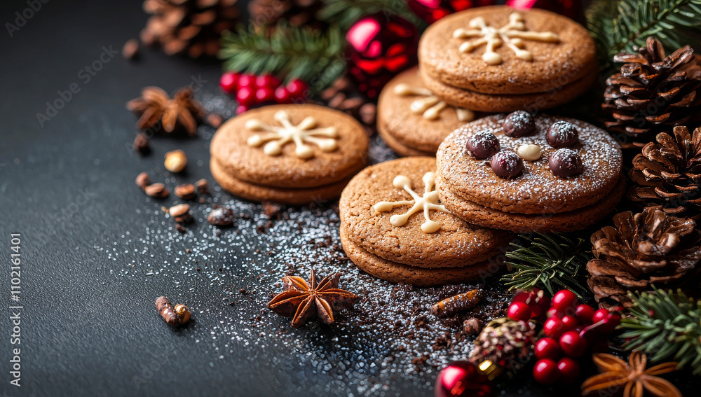 Poster a plate of cookies with a sprinkle of cinnamon on top. the cookies are decorated with snowflakes and
