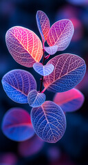 Fototapeta premium A close up of a leafy plant with a blue and pink hue. The image is a beautiful representation of nature's beauty and the vibrant colors of the plant