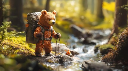 A funny, old, brown teddy bear gnome in a hat enjoys the garden