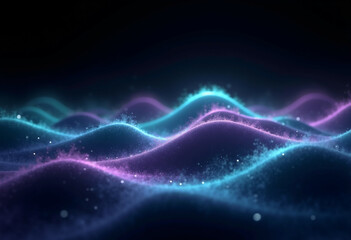 Obraz premium Glowing abstract waves of purple and teal particles shimmer in the dark.
