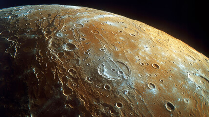 Detailed view of Mars reddish-orange planetary surface, limpact craters and rugged terrain.