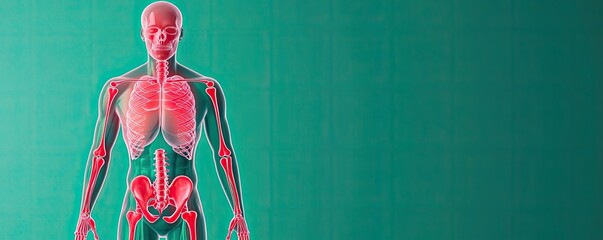 Obraz premium Anatomical illustration of a human body showcasing major organs and systems against a smooth green background.