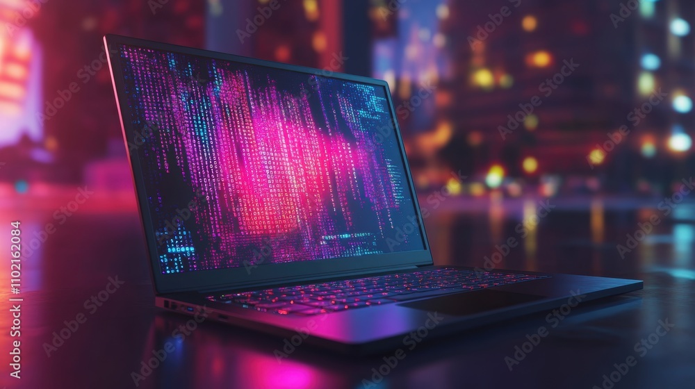 Poster open laptop displaying digital binary code with pink and blue neon glow