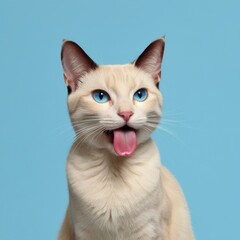 Fototapeta premium Funny Siamese cat with pink tongue against blue background