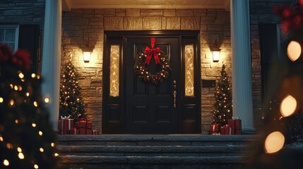 Obraz premium Entryway of a home with Christmas decorations, including wreaths, lights, and ribbons.