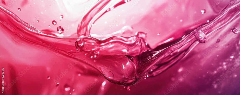 Poster close-up of pink liquid splash with flowing droplets on a gradient background.