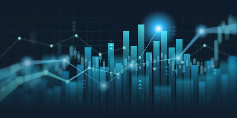 Abstract financial graph with uptrend line and bar chart of stock market on blue color background