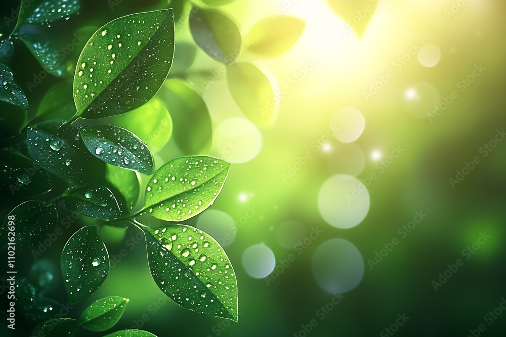 Poster Sunlit Green Leaves with Dew Drops Creating a Refreshing and Peaceful Nature Scene : Generative AI
