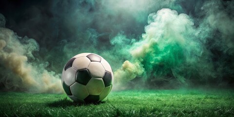 Fototapeta premium Soccer Ball in Smoke, Green Field, Sport, Football, Smoke Effect