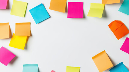 Colorful sticky notes arranged in a circular pattern on a white background, ideal for brainstorming, reminders, and organization.