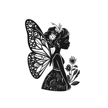 vector silhouette of a fairy tale fairy with wings tattoo on a white background .Generative AI