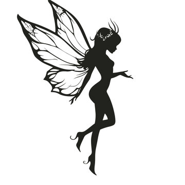 recommend clip art: vector silhouette of a fairy tale fairy with wings tattoo on a white background .Generative AI