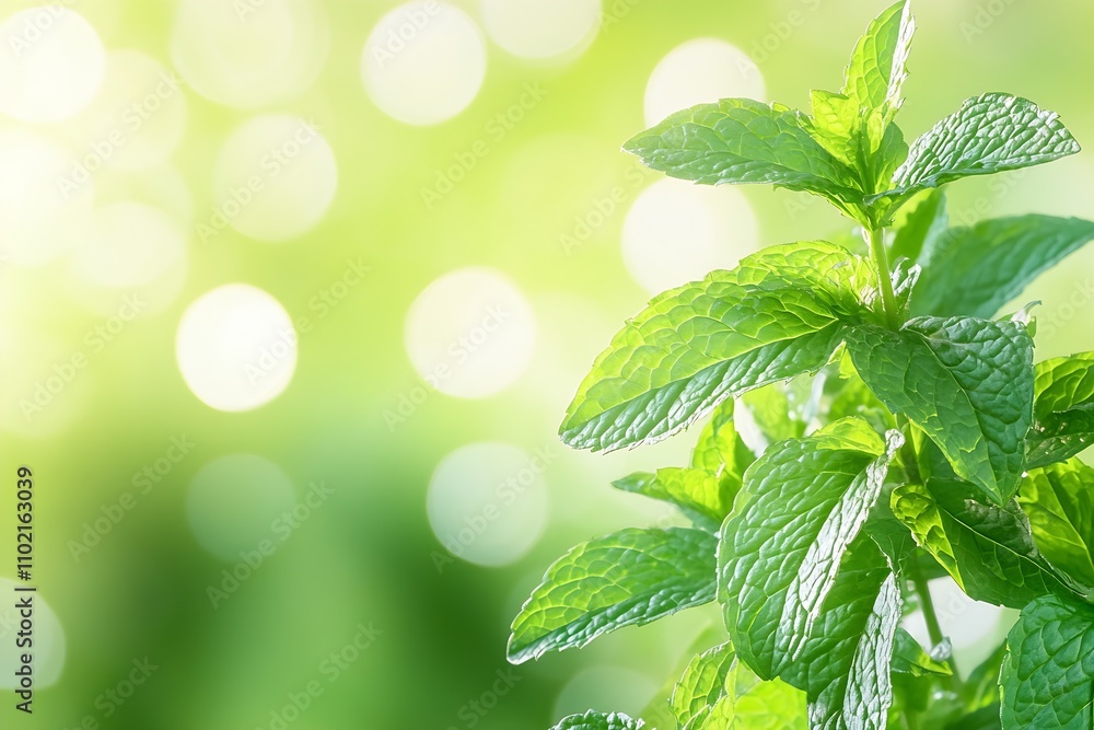 Poster lush mint plant against radiant green and yellow bokeh creating a serene atmosphere : generative ai