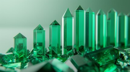 Obraz premium An artistic display of tall, green crystal structures alongside faceted gemstones, arranged in a modern, minimalist environment. The crystals catch the light, emphasizing their transparency and
