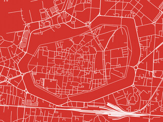 Christmas Map of Lucca Centro, Italy in Snowy White on Festive Red Background.