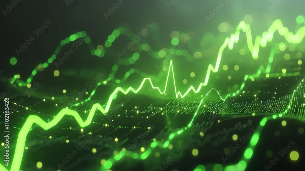 Poster a striking 3d render featuring a green financial graph with glowing data points. the visual captures