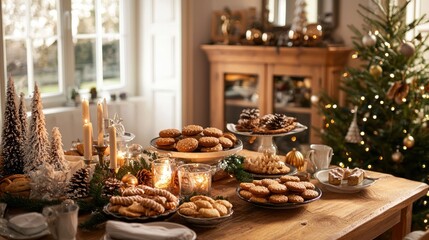 Naklejka premium A cozy holiday scene featuring a table filled with Danish cookies and decorations, capturing the festive spirit.