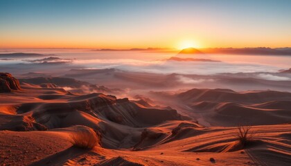 Naklejka premium Stunning desert sunrise over misty mountains and valleys.