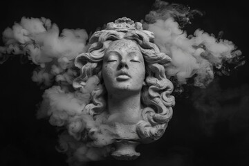 Artistic representation of a classical sculpture surrounded by smoke studio setting black and white photography dramatic mood