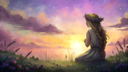 Serene illustration of a girl in a floral crown gazing at a sunset in a tranquil field