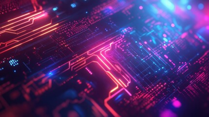 Obraz premium Futuristic neon circuit board in pink and blue glowing lights with high-tech patterns.