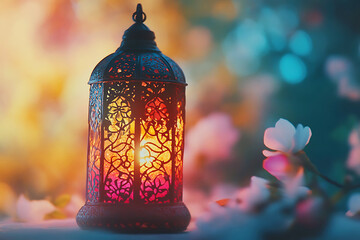 Fototapeta premium Islamic ramadan kareem celebration lantern with beautiful bokeh lights in the background.