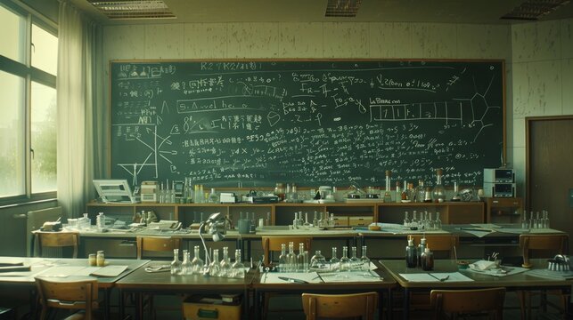 Exploring a science laboratory filled with instruments, test tubes, and chalkboard equations