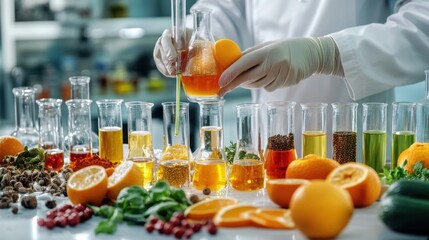 Scientist holding glass flask with orange extract and test tubes filled with colorful liquids surrounded by citrus fruits and herbs
