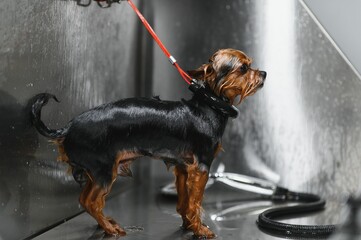 Funny portrait of a dog showering with shampoo. Dog taking a bubble bath in grooming salon