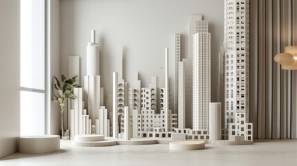 A sleek monochrome model of a city, showcasing modern architecture and high-rise buildings. The minimalist design and neutral tones create a sophisticated and futuristic urban landscape.
