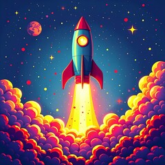 Comic Inspired Rocket Launch with Colorful Pop Art Background in Generative Design